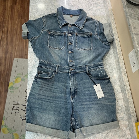 Judy Blue Denim Romper JB150244 MD 1XL Medium Blue Button Front Distressed Short - Picture 8 of 14